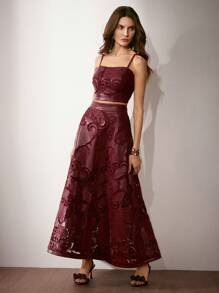 Anewsta Falda midi elegante de cintura alta en A con bordado de PU, burdeos