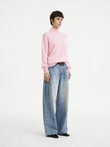 Aalyst Women Solid Color Stand Collar Simple Casual Pullover Sweater For Daily Wear Knit Pullover Fall Winter Outfit - Pink - View 3