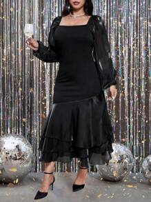 Allurite 浪漫优雅黑色长袖美人鱼下摆甜美连衣裙长款女装 - 黑色 - 查看 4