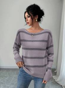 SHEIN Unity Women's Vintage Striped Contrast Color Knitted Sweater, Long Sleeve Pullover Fall Winter - Multicolor - View 3