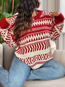 Elenzga Plus Size Casual Christmas Geometric Pattern Pullover Sweater For New Year Knit Pullover Fall Winter - Red - View 5