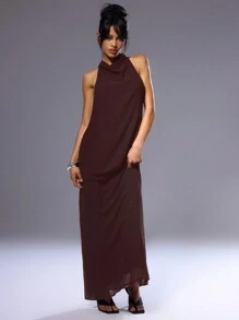 MUSERA 性感高领露背长裙 Y2k 露背春夏度假优雅毕业长裙 - 巧克力棕 - 查看 4
