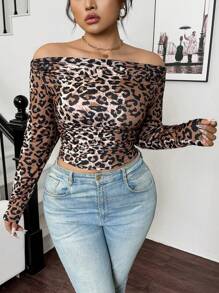 Calvaya Women's Open Shoulder Leopard Print Ruffle Trim Bodycon T-Shirt Graphic Cheetah Print Tees Women Tops