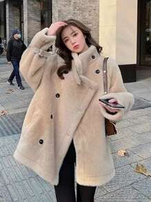 Eilly Bazar Women's Casual Solid Color Double-Breasted Faux Fur Coat, Autumn/Winter - Khaki - View 1