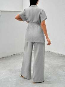 EURMUSE Holiday Casual Solid Color Batwing Top & Pants Set - Grey - View 2