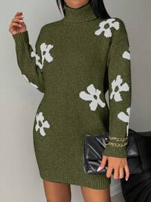 Chiquease Women's Elegant Floral Pattern Turtleneck Drop Shoulder Loose Fit Sweater Dress, Autumn/Winter - Green - View 4