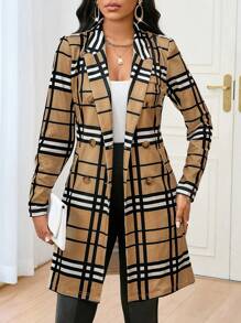 SHEIN Lady 秋冬工作黑色格纹单件袖女式风衣 - 咖啡棕 - 查看 5