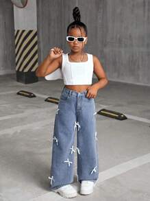 SHEIN Jeans rectos de mezclilla desgastada con bolsillos decorados con moños, ropa de otoño para el regreso a la escuela para niñas preadolescentes con estilo Y2K - Lavado ligero - Ver 4
