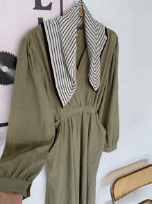 DAZY Women's Solid Color V-Neck Drawstring Pocket Loose Long Sleeve Dress, Spring/Summer/Autumn - Olive Green - View 4