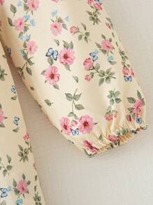 SHEIN Baby Girl Front Button Long Sleeve Top With 3D Floral Decor And Matching Dress, Minimalist Style - Pink - View 3