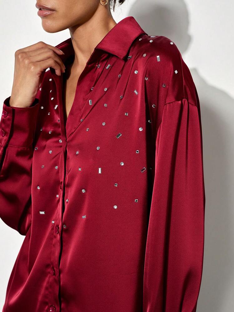 SHEIN Maija Modern City Satin Rhinestone Embellished Red Shirt, Loose & Comfortable, Elegant Look For Women, Suitable For Spring/Summer Parties And Valentine's Day,Festival