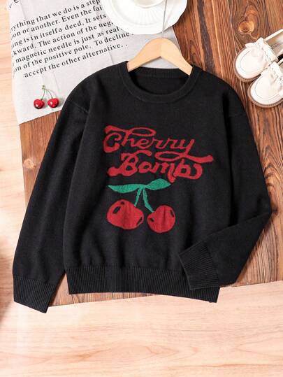 Girls Cute Cherry Graphic Knitted Sweater, Fashion Casual Long Sleeve Round Neck Pullover For Tween Girl Autumn Clothing