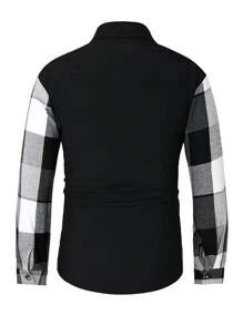 Manfinity Homme Men Front Buttons Solid Color Splicing Long Sleeve Pocket Casual Top - Black and White - View 2