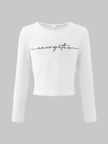 Girl's Casual Letter Print Long Sleeve Cropped Top With Fitted Design, Versatile And Fashionable T-Shirt To Pair With High-Waisted Pants, A-Line Skirts Or Mini Skirts - Multicolor - View 4