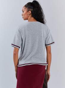 Athîral Women's Casual Sports Style Contrast Piping Dropped Shoulder Loose Short Sleeve Top, Summer - Grey - View 2