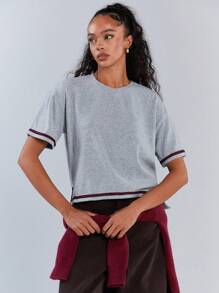 Athîral Women's Casual Sports Style Contrast Piping Dropped Shoulder Loose Short Sleeve Top, Summer - Grey - View 1