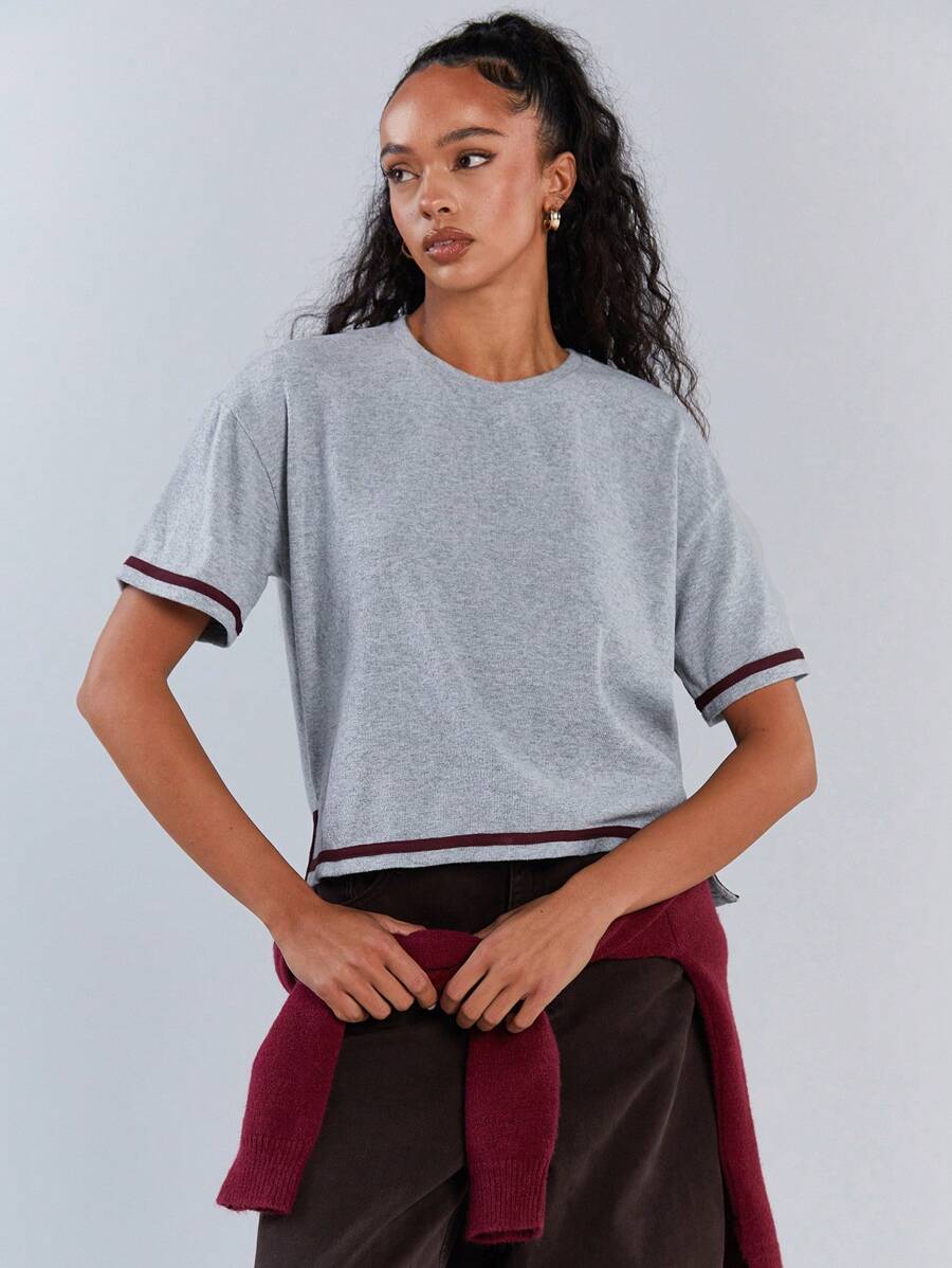 Athîral Women's Casual Sports Style Contrast Piping Dropped Shoulder Loose Short Sleeve Top, Summer - Grey - View 1