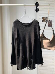 SHEIN EZwear Áo len dệt kim rộng rãi, rách rưới, màu đen, mùa thu/đông cho nữ - màu đen - Xem 8
