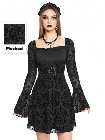 Vintage Gothic Palace Style Floral & Cross Flocked Off-Shoulder Dress