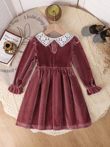 Váy nhung xếp nếp dài tay màu đen thường ngày cho bé gái, mùa thu/đông - Bụi hồng - Xem 2