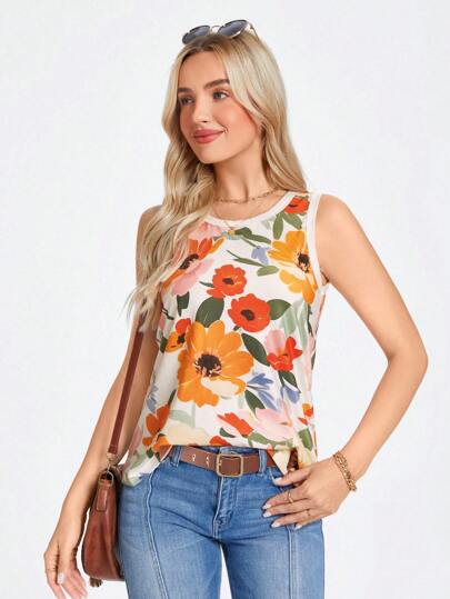 SHEIN LUNE 休閒花卉印花圓領針織T恤，適用於夏季外出