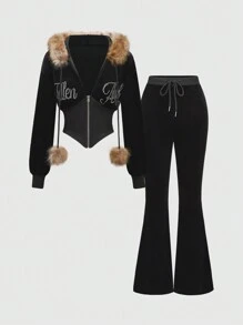 ROMWE J-Fashion 2 件套女士套装：天鹅绒 Y2K 水钻拼布连帽外套，搭配喇叭裤 - 黑色 - 查看 9