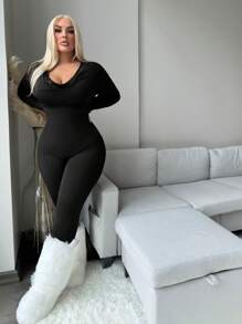 SHEIN SXY Women Plus Size Autumn/Winter Turtleneck Jumpsuit Seamless Jumpsuitblack Body Suitblack Jumpsuit Long Sleeveplus Size Body Suit