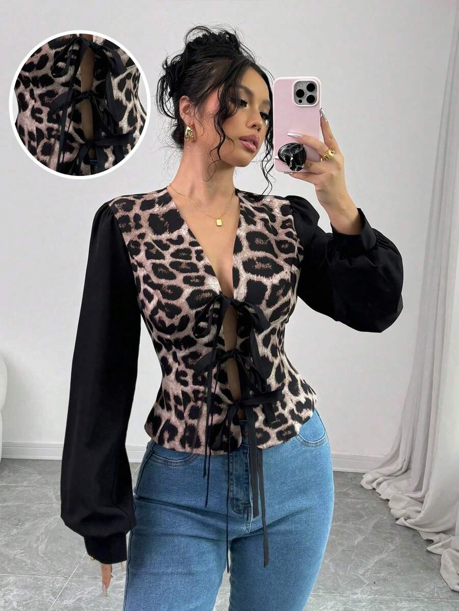 Chiquease Women's Plain Color Patchwork Front Tie Long Sleeve Casual Blouse - Coffee Brown - View 1