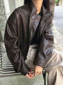 DAZY Chaqueta holgada con cremallera, cuello y bolsillos de piel sintética para mujer, para primavera y otoño