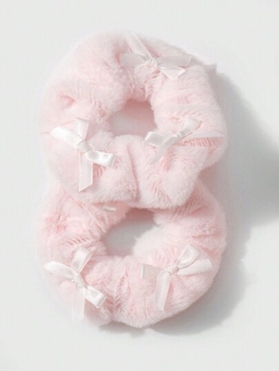 Kawaii 2pcs Cute & Stylish Pink Fluffy Bow Hair Scrunchies, Versatile High-Quality School Style For Women And Girls, Suitable For Daily Wear And Holiday Gifts Valentines Hair Ties Scrunchy Hair Ties
