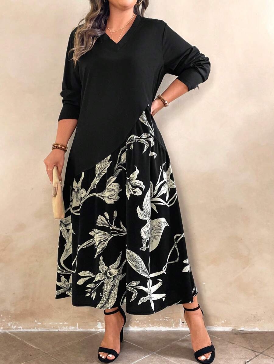 Plus Size Woven Solid Color & Iris Flower Print Patchwork A-Line V-Neck Loose Long Sleeve Dress Maxi Women Outfit
