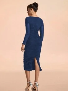 SHEIN Belle Christmas Evening Dress For Women, New Party Dress, Autumn/Winter, Wedding Guest Dress - Navy Blue - View 2