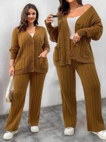 Calvaya Conjunto de top minimalista de manga larga con botones y bolsillo y pantalones en unicolor para tallas grandes