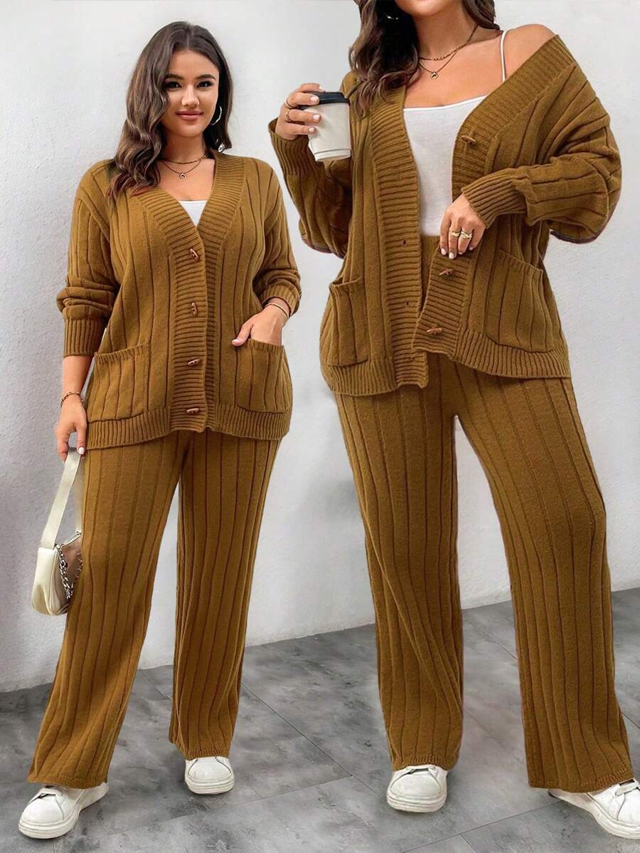 Calvaya Plus Size Solid Color Button Front Long Sleeve Pocket Minimalist Top And Pants Set