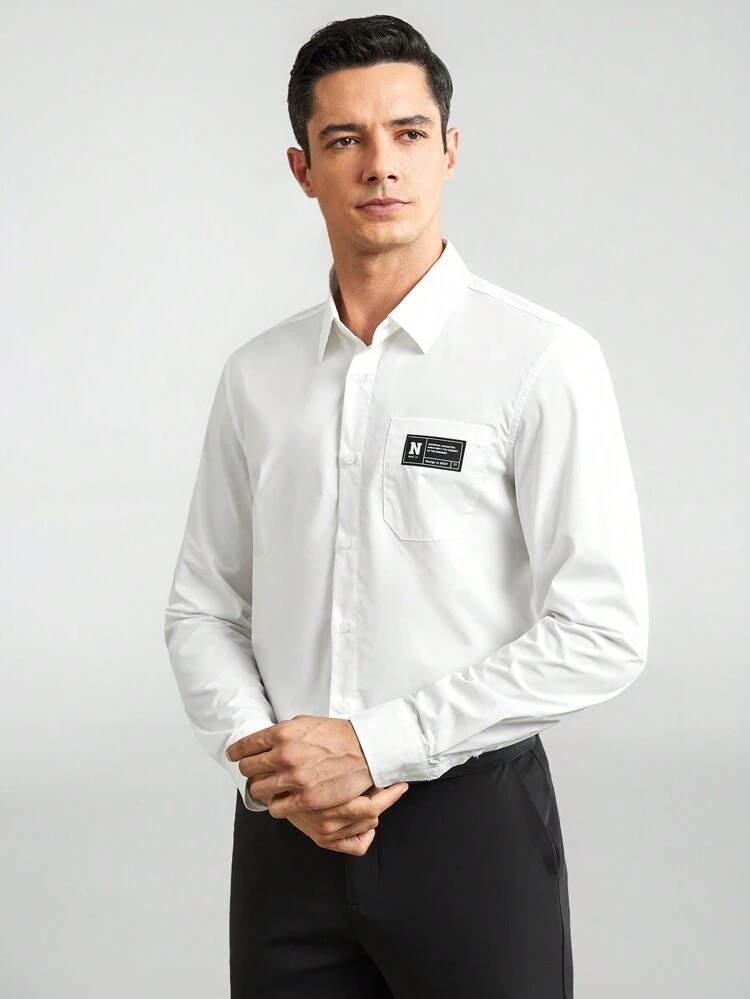 Men Letter Patched Detail Pocket Front Shirt