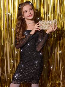 Elegancka sukienka dla dziewcząt z cekinami i kwadratowym dekoltem, dopasowana, idealna na imprezy i wydarzenia wiosną i jesienią, czarna sukienka, sukienka świąteczna, sukienka imprezowa