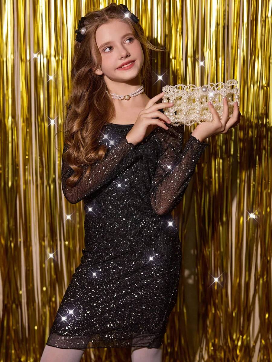 Elegancka sukienka dla dziewcząt z cekinami i kwadratowym dekoltem, dopasowana, idealna na imprezy i wydarzenia wiosną i jesienią, czarna sukienka, sukienka świąteczna, sukienka imprezowa