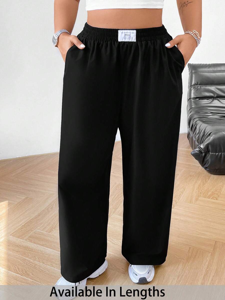 SHEIN PETITE CURVE 大码女士休闲黑色宽松裤，四季皆宜，适合春季、情人节、庆典、日常、通勤、上学、毕业典礼、派对、休闲、女士正装等场合，带口袋，黑色裤子 - 黑色 - 查看 1