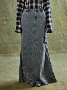MUSERA Falda maxi de mezclilla tipo cargo, estilo lindo del 90, primavera y verano