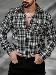 Manfinity LEGND Camisa casual de manga larga con botones delanteros, bolsillo parche y estampado de cuadros, camisa de salida con cuello casual, versátil para hombres