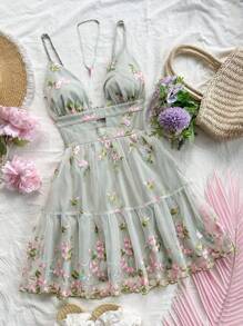 Soleia 女士度假吊带背心 V 领镂空 A 字露背刺绣迷你连衣裙，浪漫田园派对 - 彩色 - 查看 2