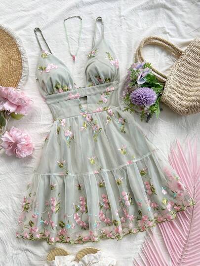 Soleia Women's Vacation Camisole V-Neck Hollow A-Line Backless Embroidered Mini Dress, Romantic Pastoral Party,Summer Dresses For Women