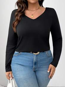 SHEIN Clasi 大码V领长袖休闲T恤，蝴蝶和仿珍珠装饰，春季简约设计