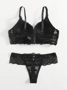 Floral Lace Super Push Up Bra & Panty Lingerie Set - Black - View 2