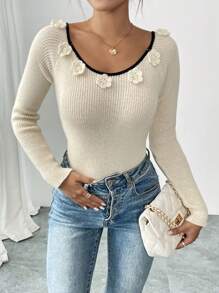 SHEIN Unity Suéter de mujer con cuello de barco, manga raglán y decoración de flor 3D, jersey de punto de otoño/invierno - Albaricoque - Ver 5