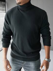 Manfinity CityGents Jerseys de cuello alto de color negro liso de manga larga para hombre, ideales para el otoño y el invierno