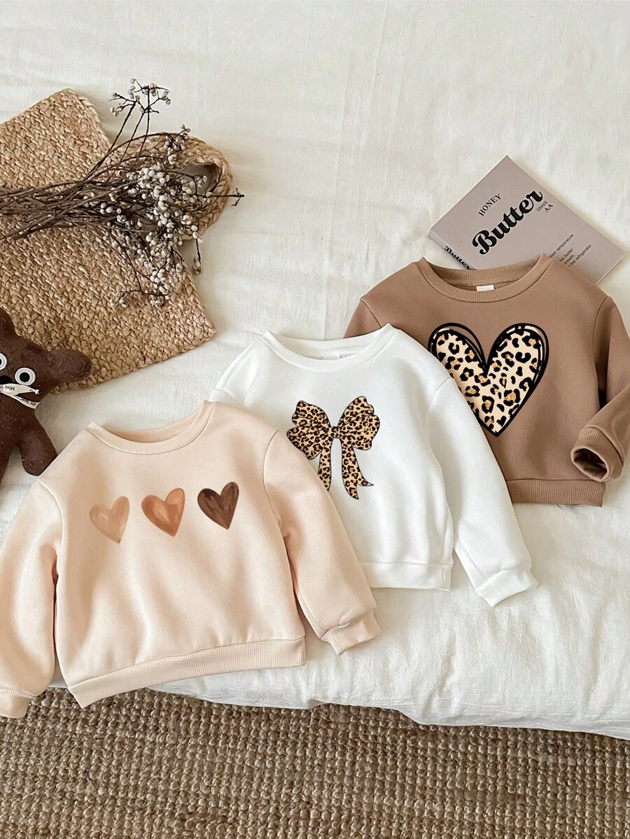 SHEIN Leap Crew 3 pièces/set Rétro cœur, Léopard, nœud Imprimer Pull épais en polaire à manches longues pour bébé filles, convient pour l'automne/l'hiver - Multicolore - Voir 1