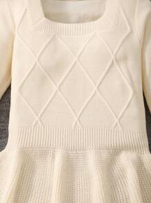 SHEIN Teen Girl White/Autumn/Winter/Elegant Casual/Square Neck Pattern Long Sleeve Lantern Sleeve Waist Dress - White - View 5