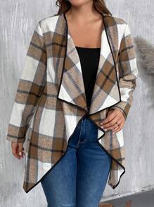 Plus Size Women Lapel Wrap Regular Plaid Overcoat, For Winter - Multicolor - View 3