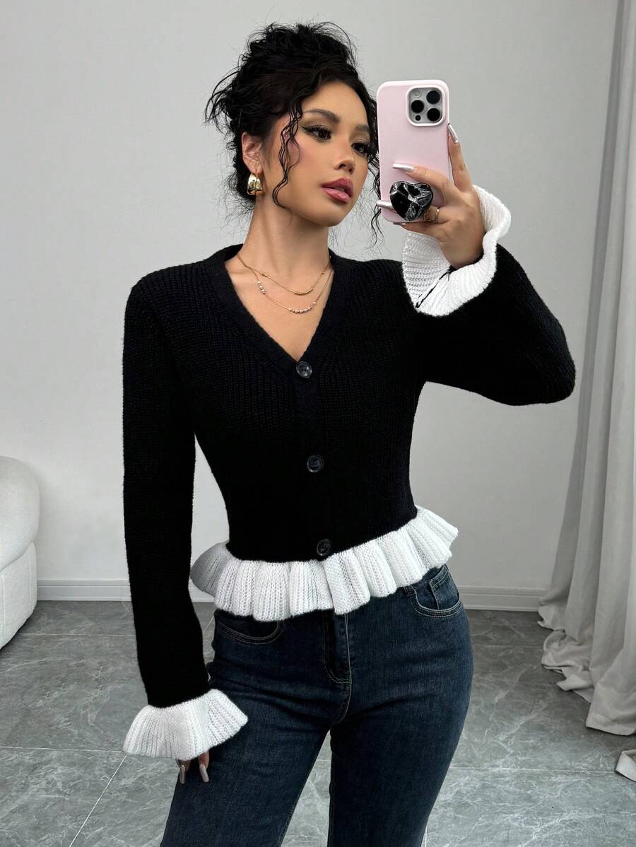 Chiquease 女士纯色前排纽扣长袖休闲上衣，百搭日常穿着 - 黑色 - 查看 1